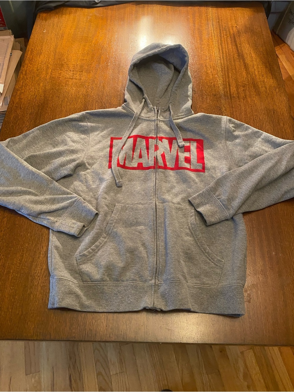 Disney Marvel Logo Full Zip Hoodie Sweatshirt Heather Gray Red Graphic Men Small